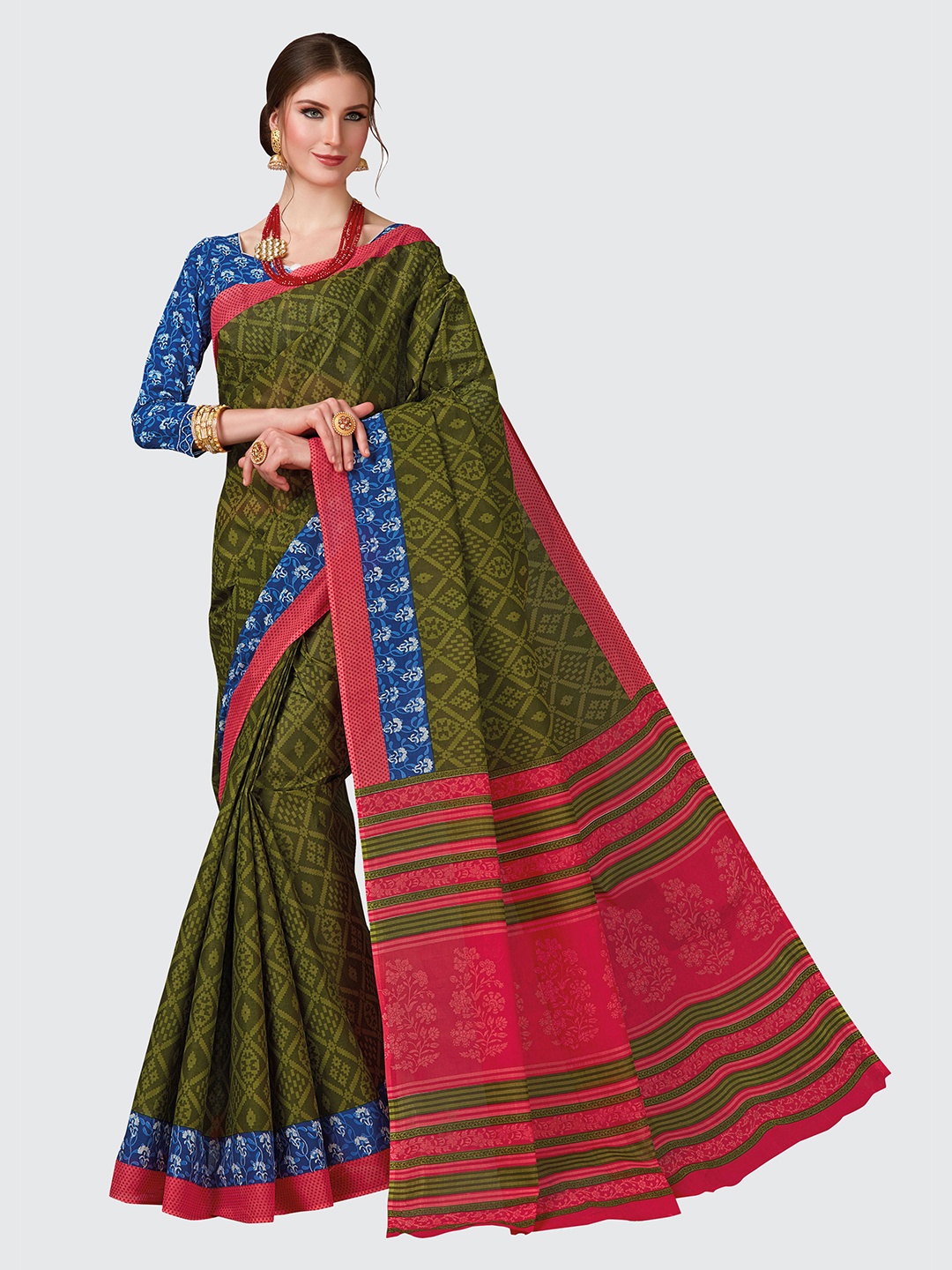 

SHANVIKA Green & Pink Pure Cotton Saree