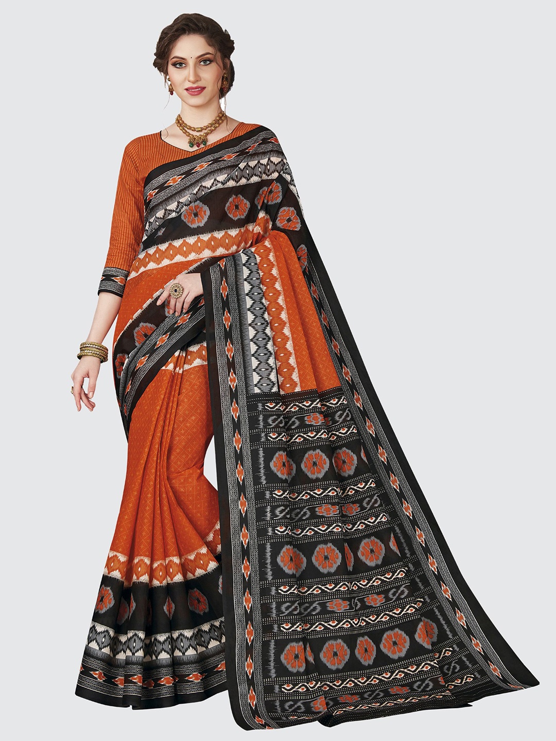 

SHANVIKA Orange & Black Pure Cotton Ikat Saree