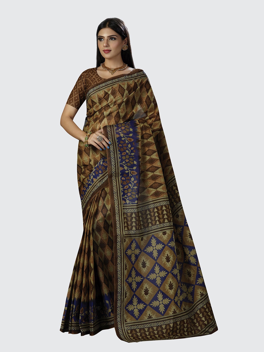 

SHANVIKA Brown & Blue Geometric Print Pure Cotton Saree