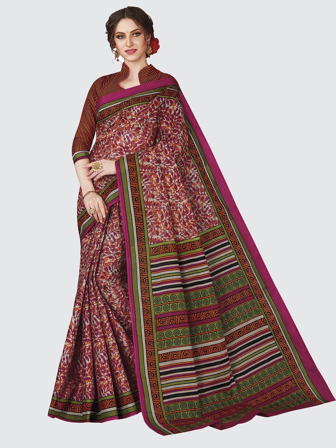 

SHANVIKA Pink & Green Floral Pure Cotton Saree