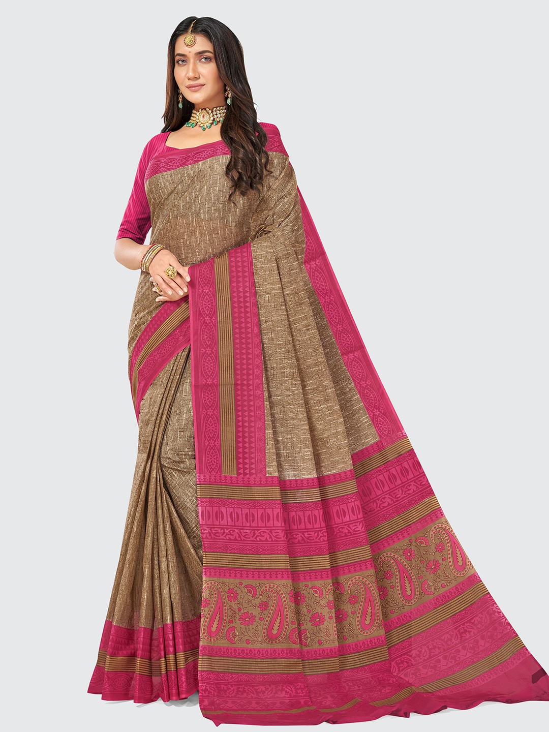 

SHANVIKA Beige & Pink Ethnic Motifs Pure Cotton Saree