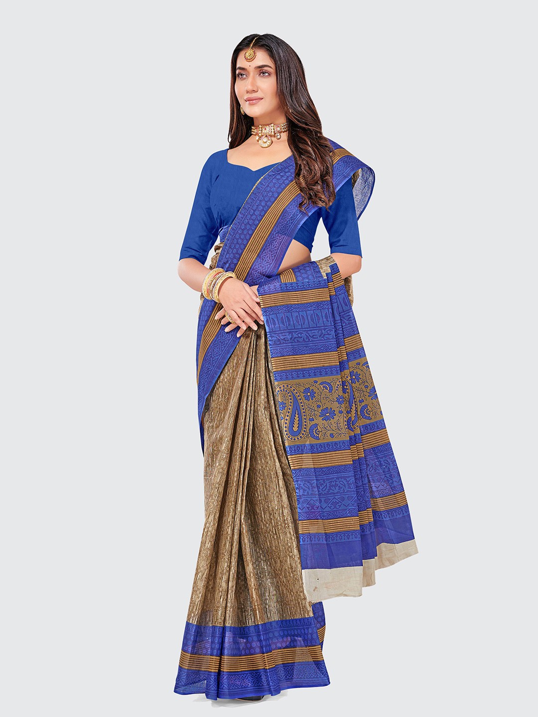 

SHANVIKA Beige & Blue Pure Cotton Saree