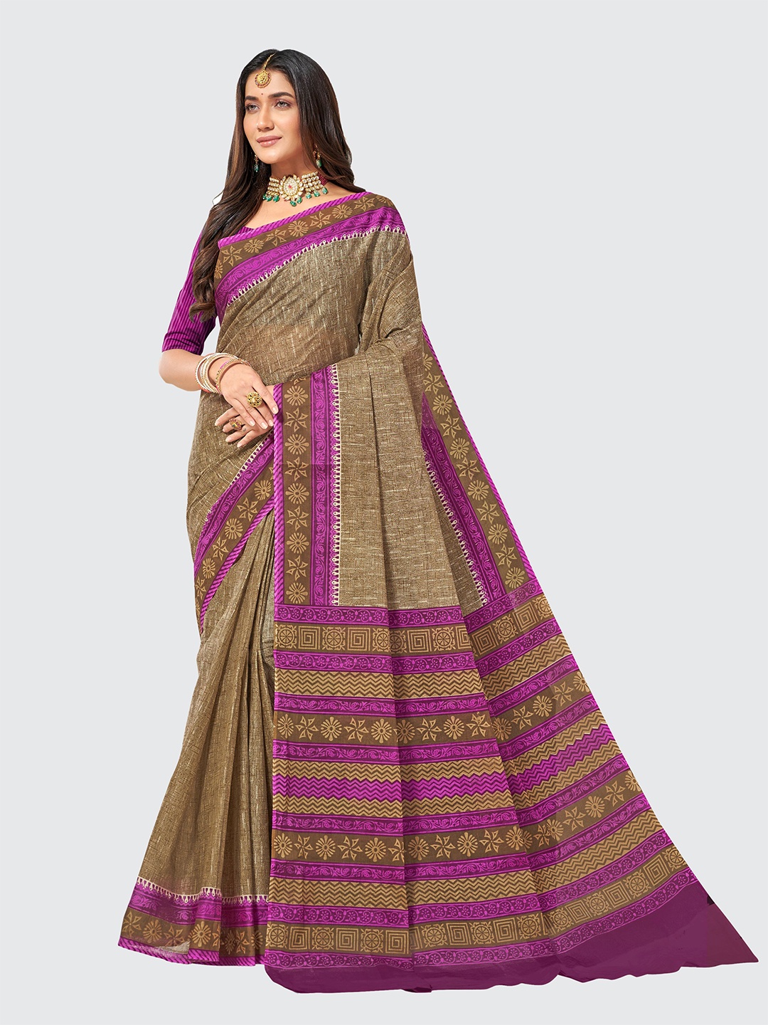 

SHANVIKA Beige & Pink Pure Cotton Saree