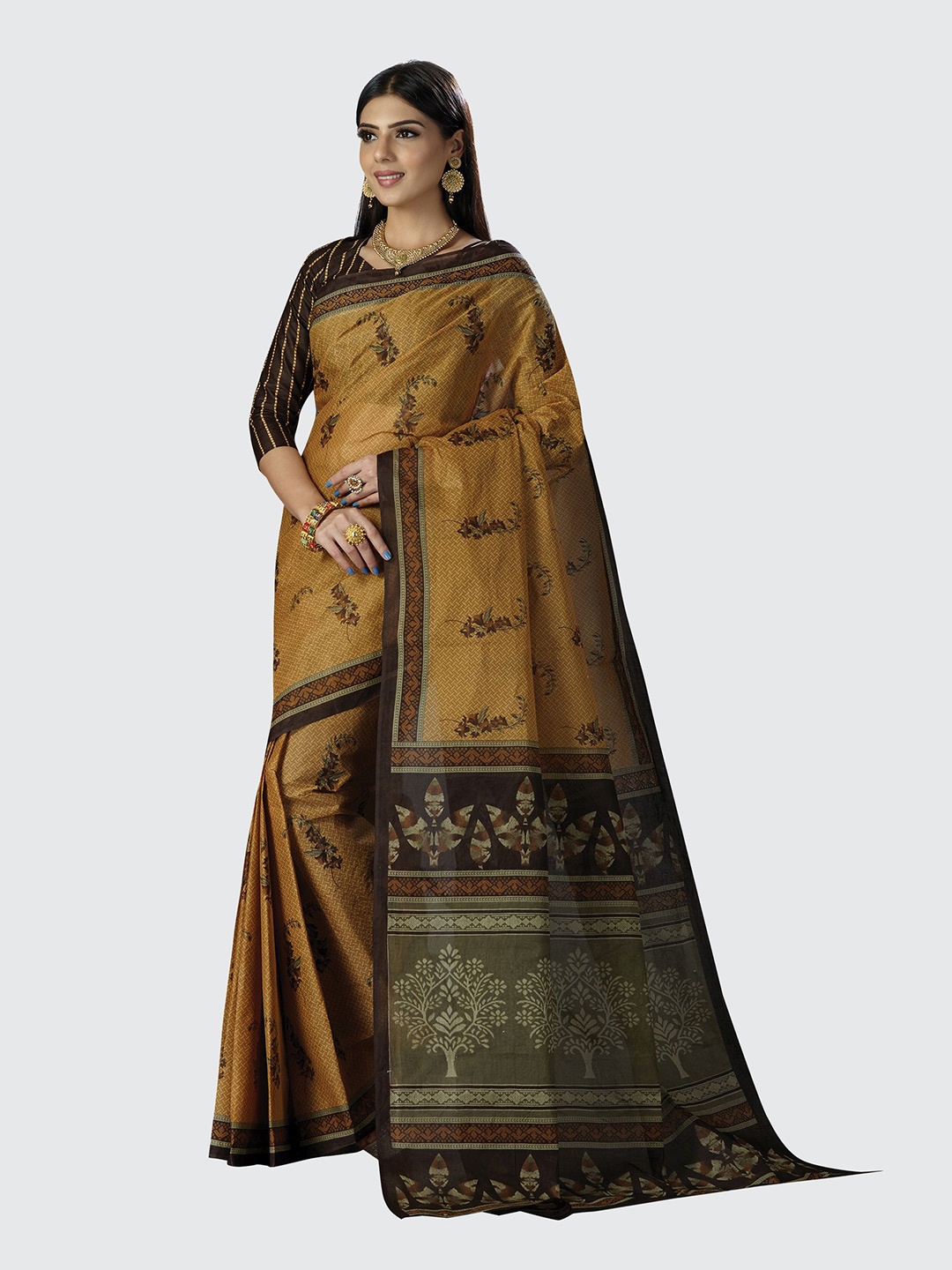 

SHANVIKA Brown & Beige Floral Pure Cotton Saree