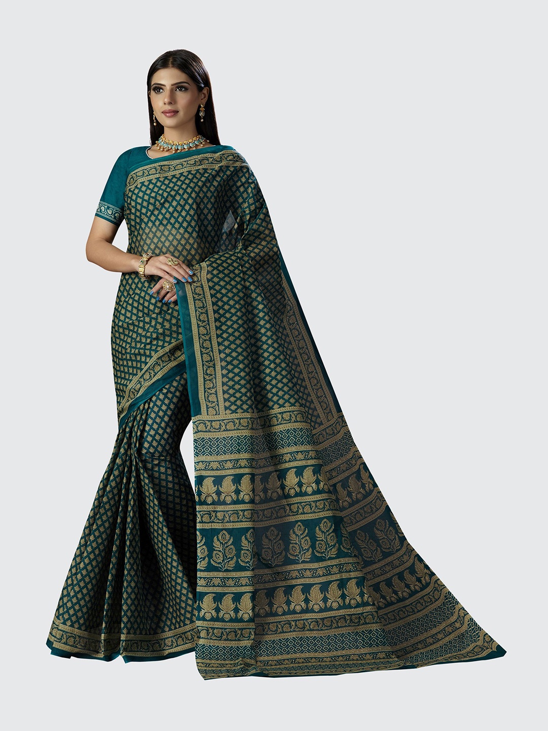 

SHANVIKA Green & Beige Ethnic Motifs Pure Cotton Saree