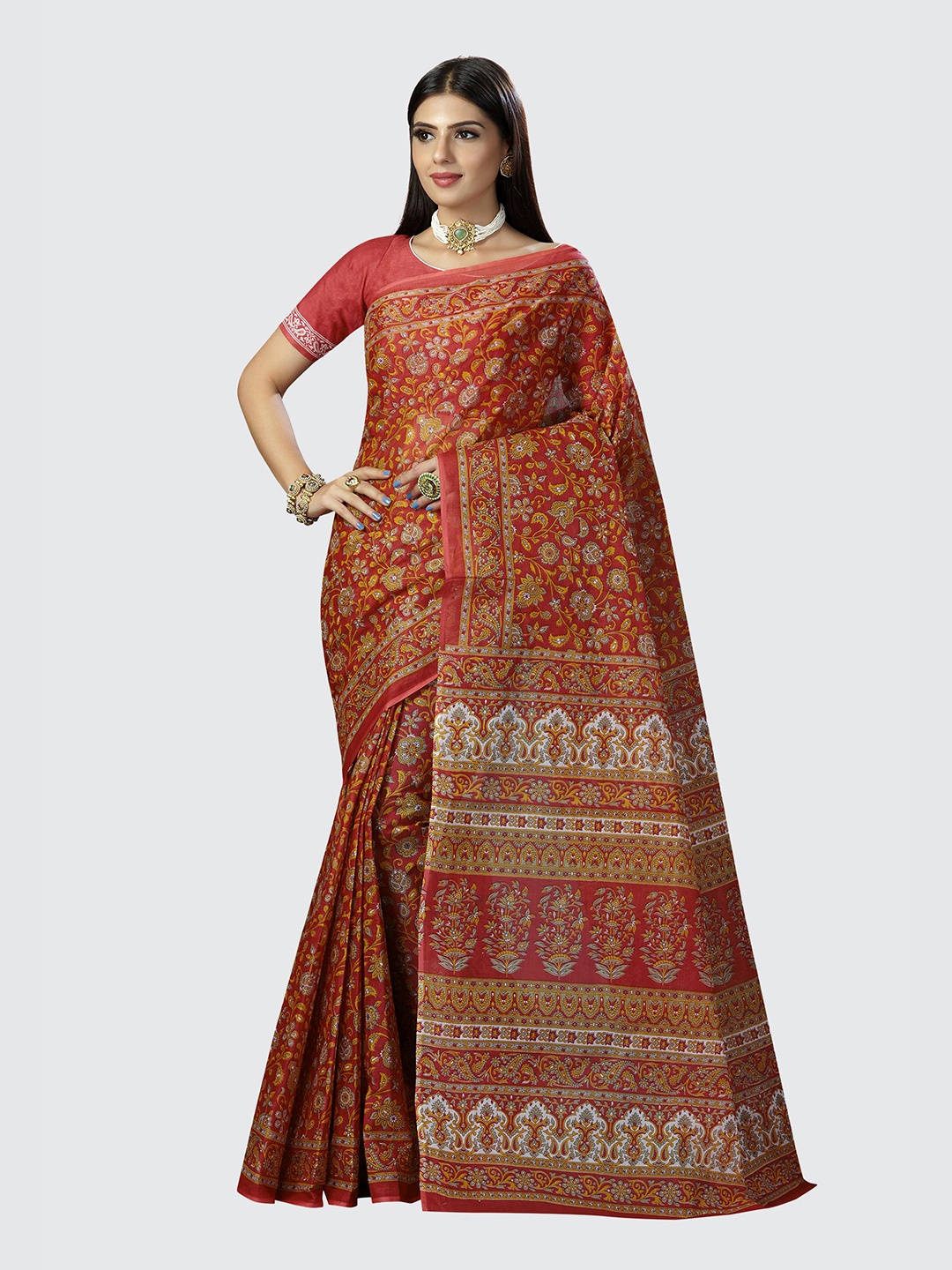 

SHANVIKA Red & Grey Floral Pure Cotton Saree