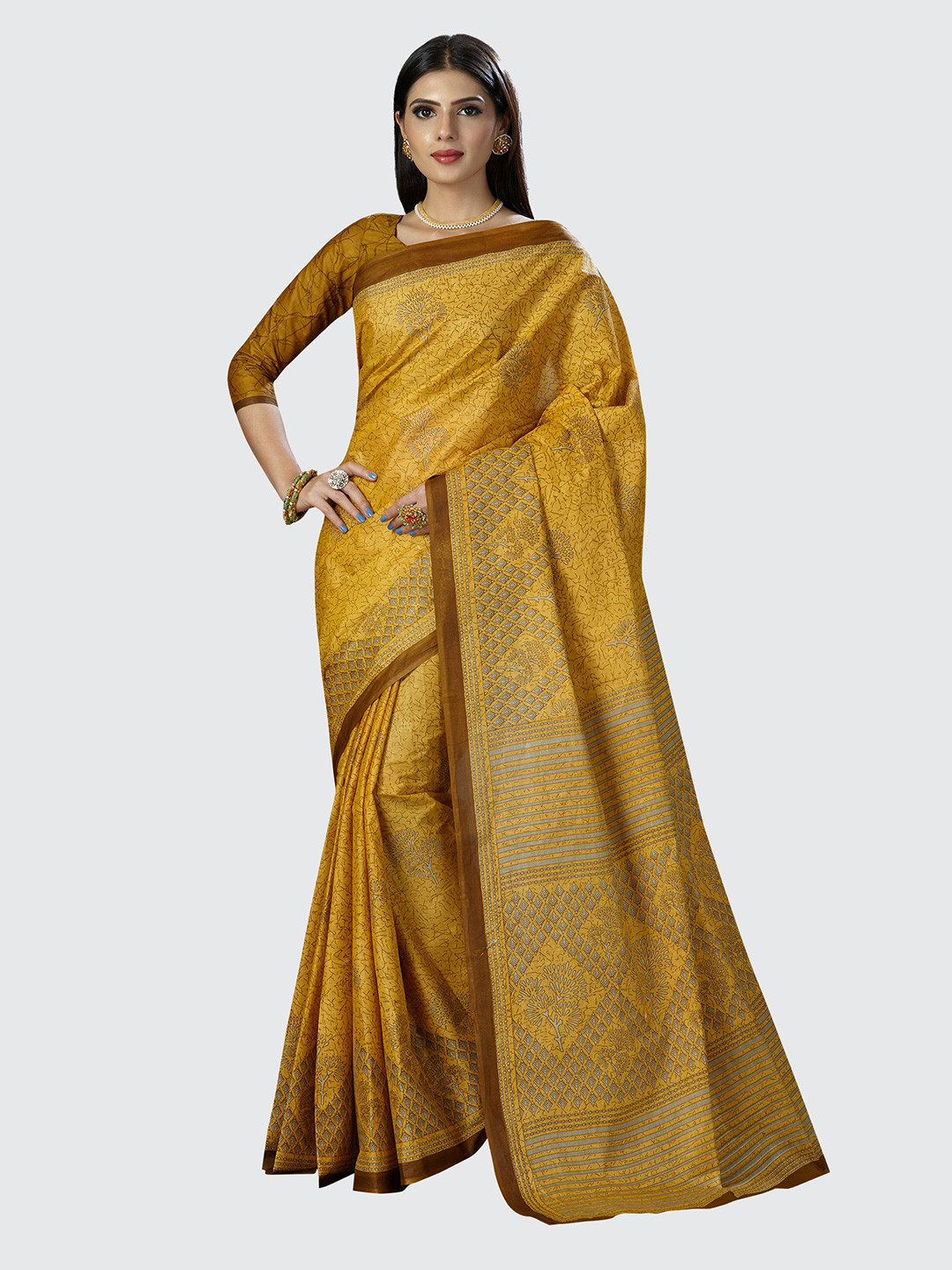 

SHANVIKA Mustard Yellow Floral Pure Cotton Saree