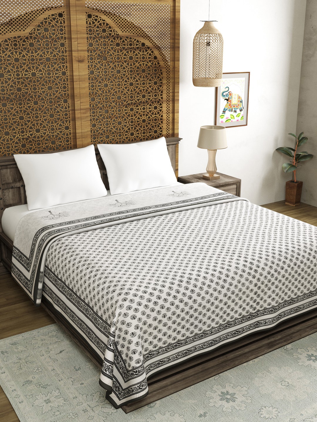 

BLOCKS OF INDIA Ethnic Motifs AC Room 150 GSM Double Bed Dohar, White