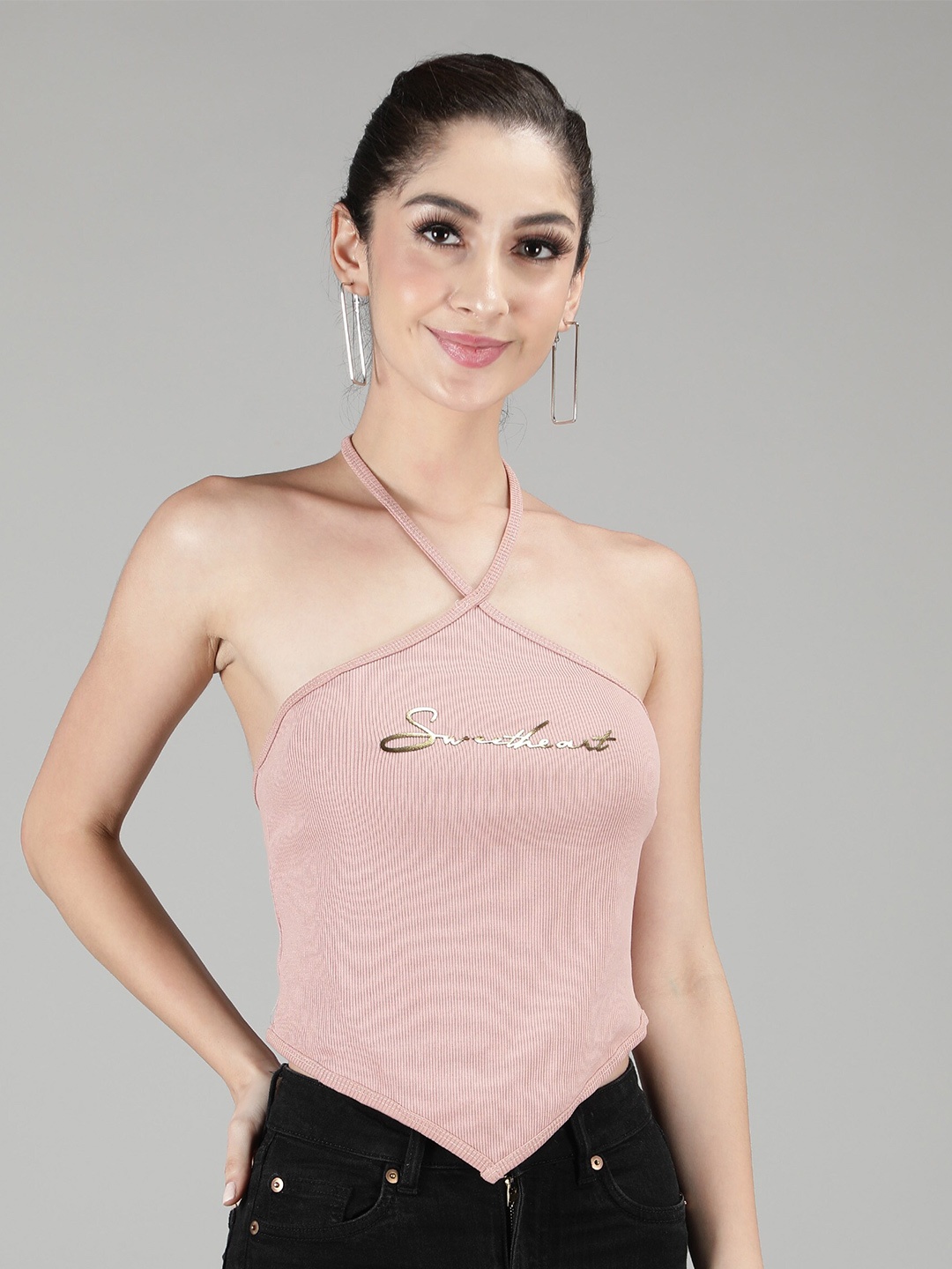 

Sonex Gold Women Pink Embellished Halter Neck Top