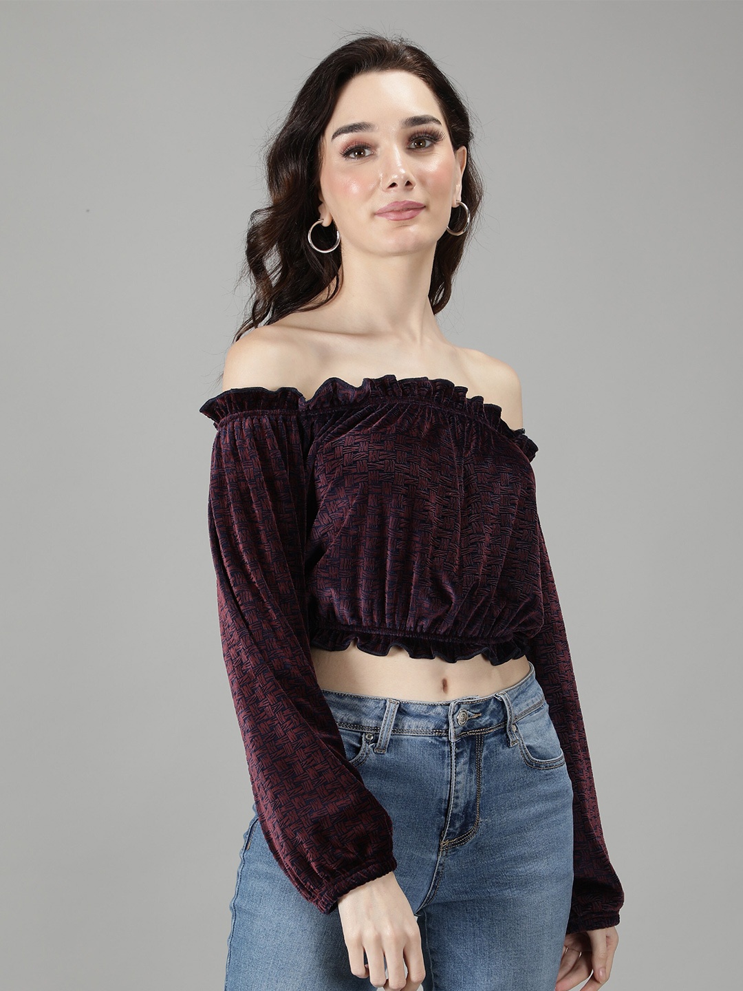 

Sonex Gold Women Off-Shoulder Velvet Bardot Crop Top, Purple