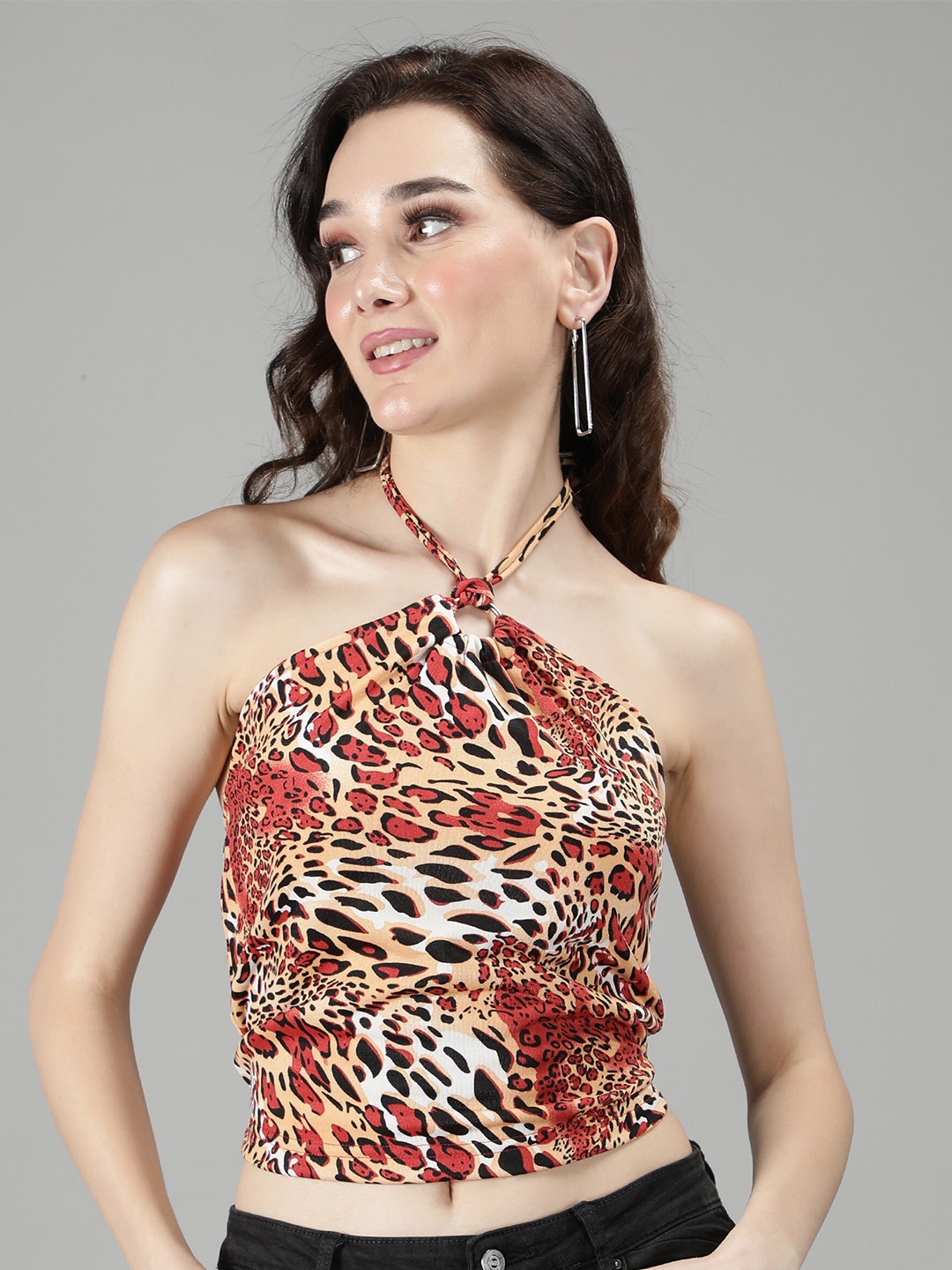

Sonex Gold Women Brown Animal Print Halter Neck Crop Top
