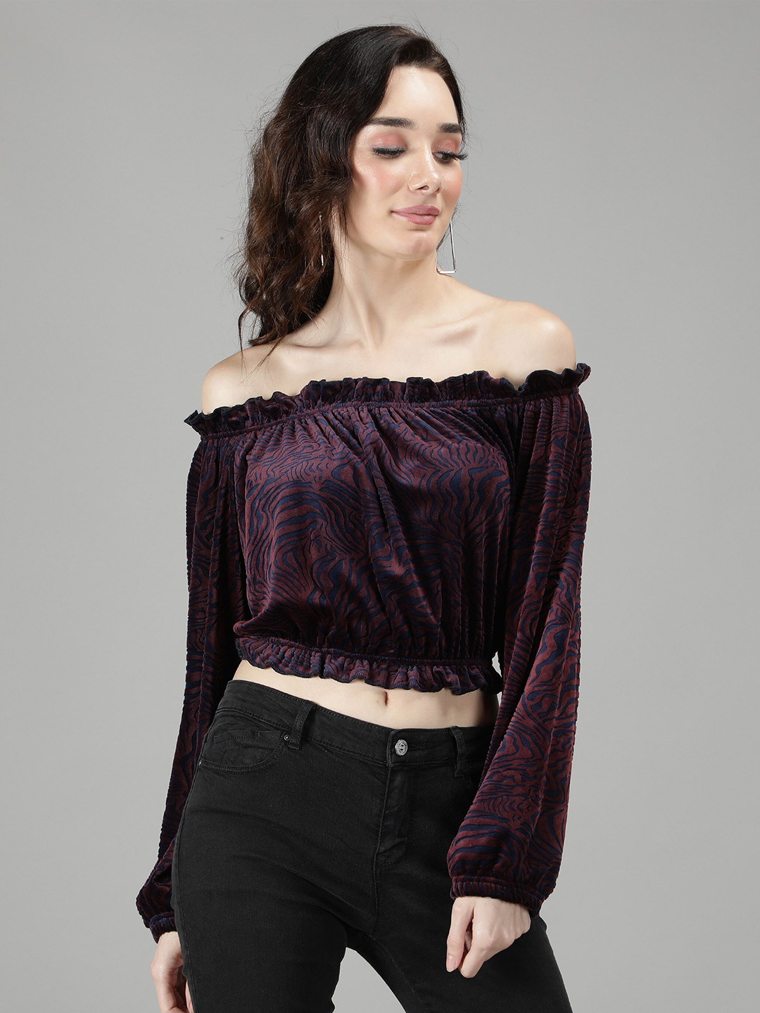 

Sonex Gold Maroon Off-Shoulder Velvet Bardot Crop Top