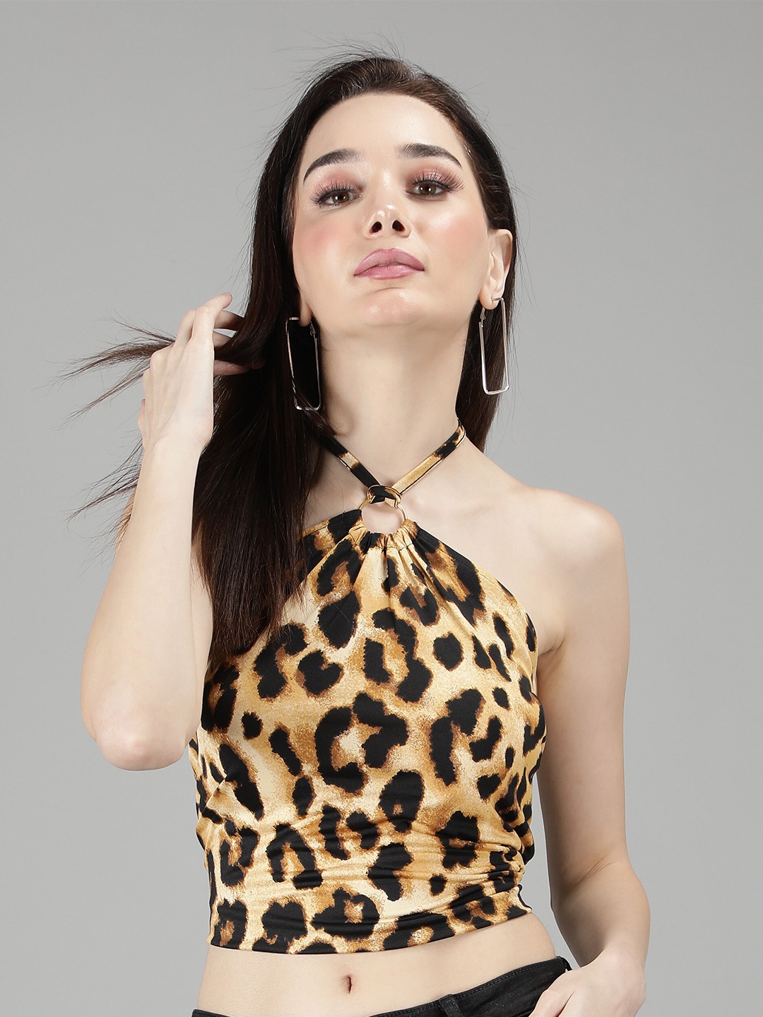 

Sonex Gold Women Black & Brown Animal Print Halter Neck Crop Top