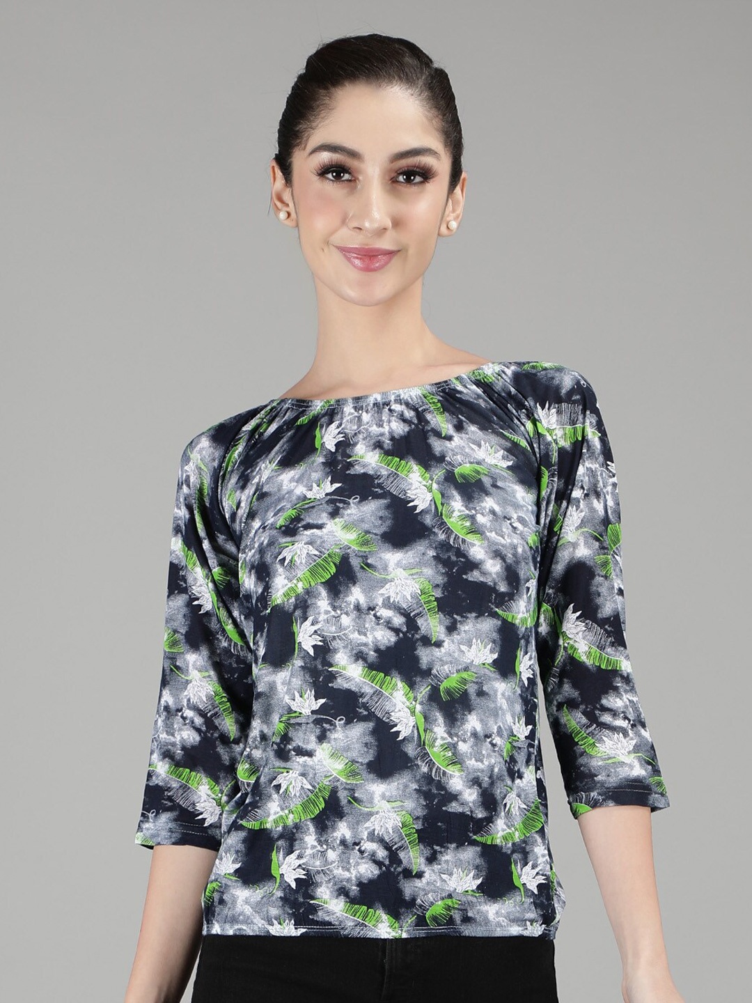 

Sonex Gold Women Green & Grey Tropical Print Top
