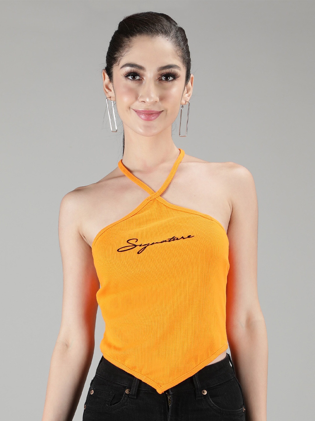 

Sonex Gold Women Yellow Halter Neck Applique Top