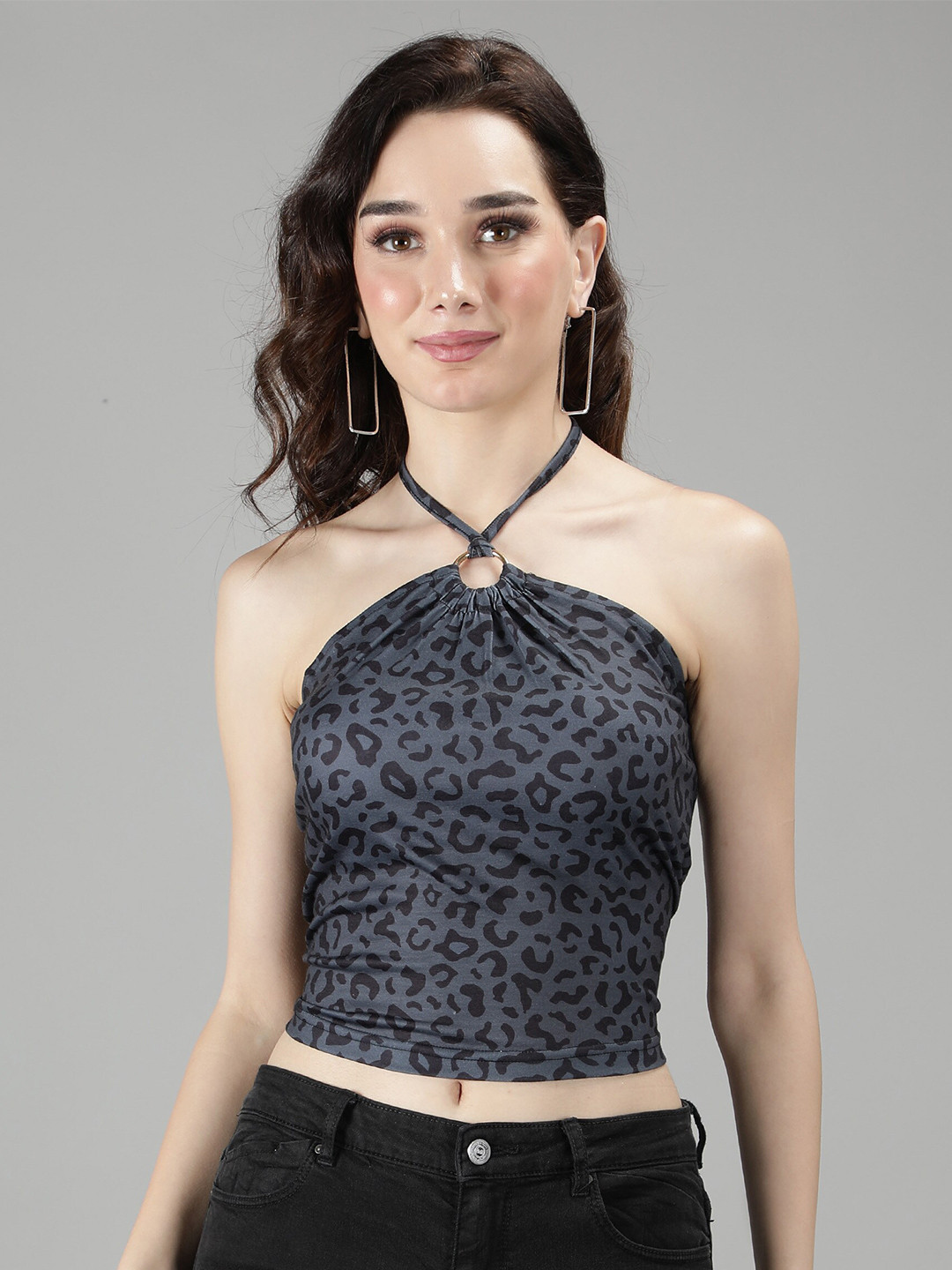 

Sonex Gold Women Blue & Black Animal Print Halter Neck Crop Top