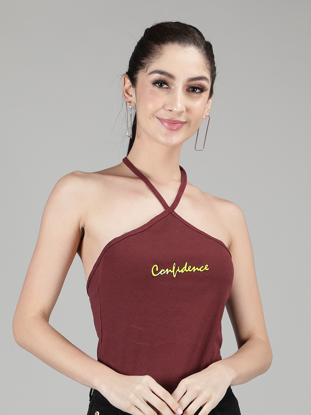 

Sonex Gold Women Burgundy Printed Halter Neck Top