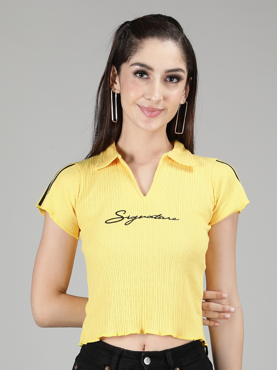 

Sonex Gold Women Yellow Shirt Collar Crop Top