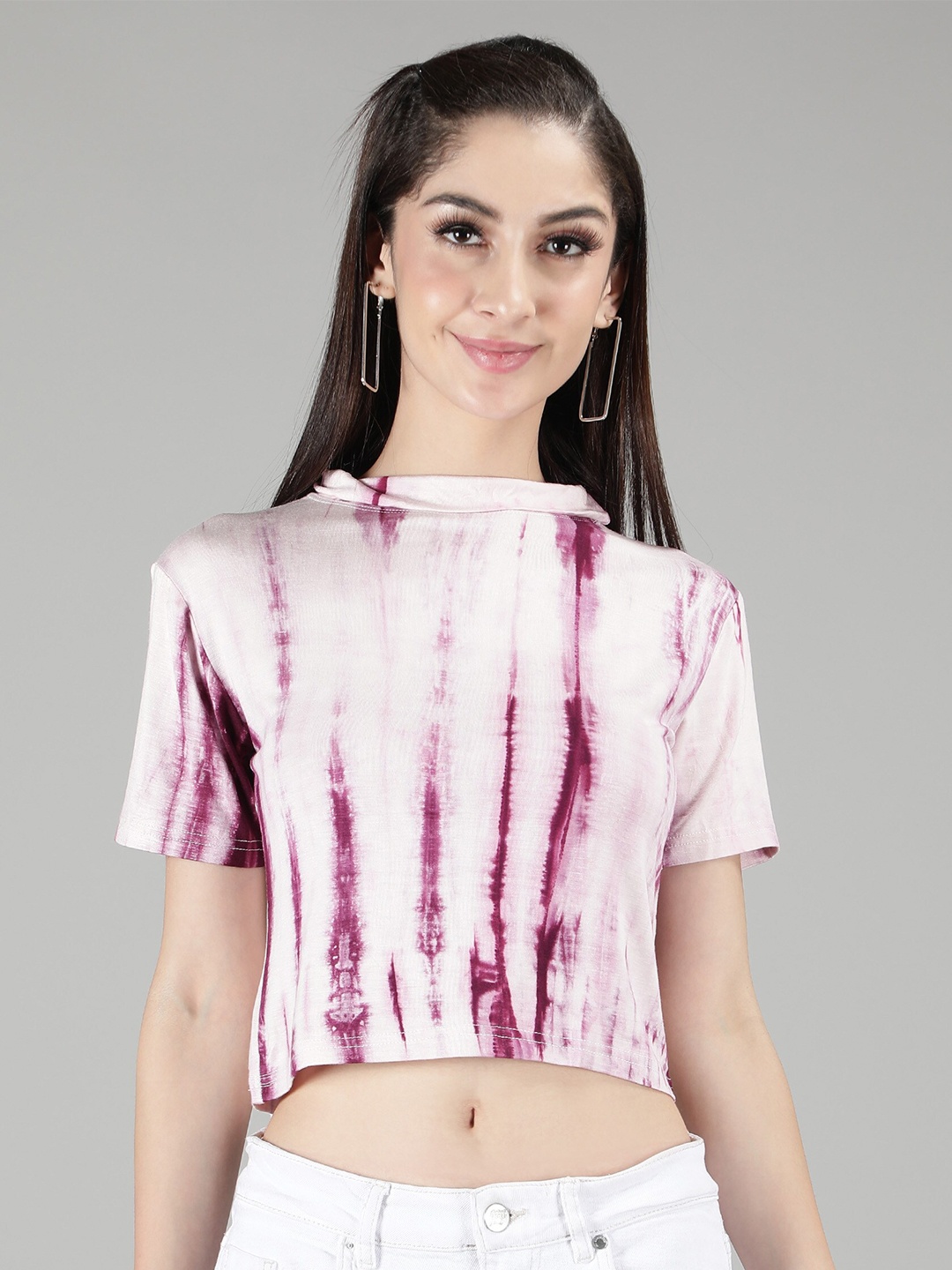 

Sonex Gold Women White & Purple Tie and Dye Crop Top