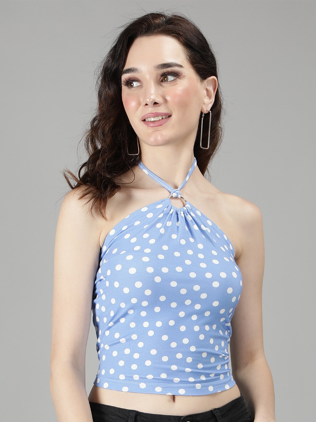 

Sonex Gold Women Blue & White Printed Halter Neck Crop Top