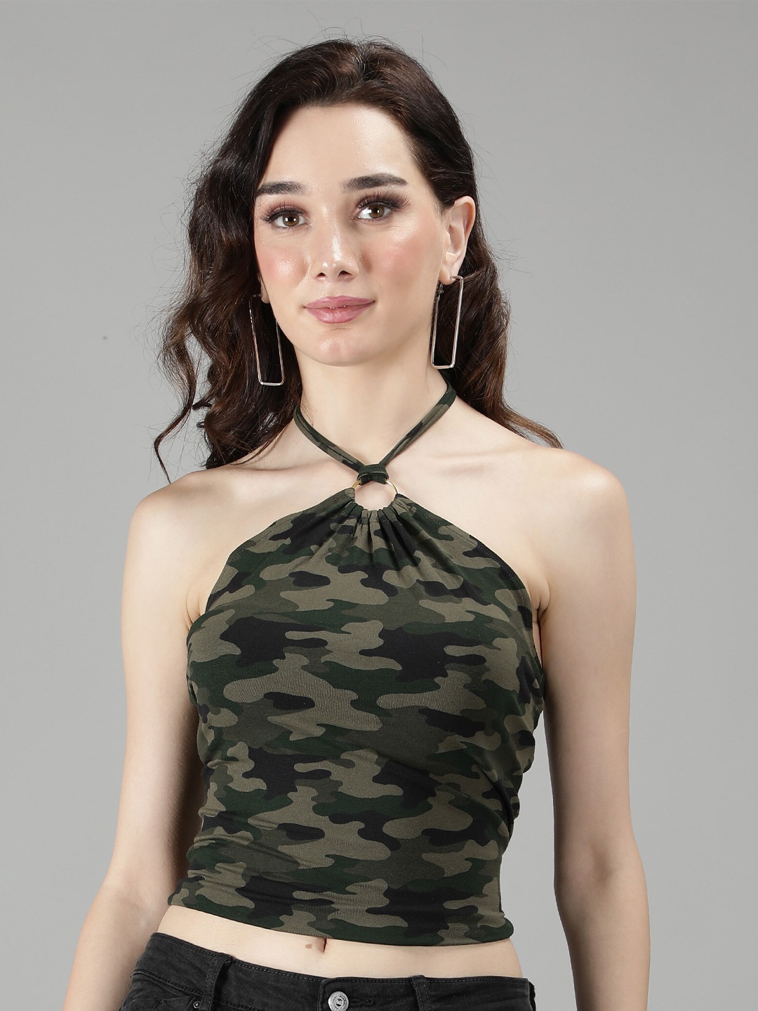 

Sonex Gold Women Black & Olive Green Print Halter Neck Crop Top