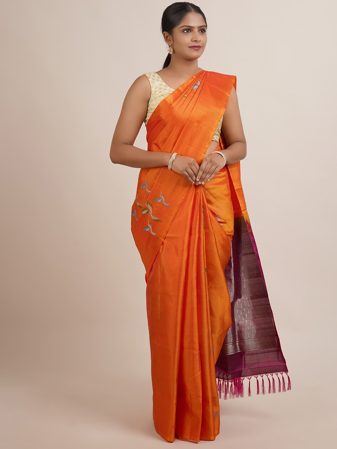 

Pothys Orange & Green Woven Design Pure Silk Kanjeevaram Saree