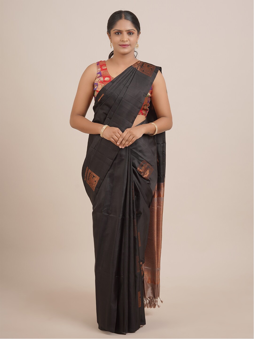 

Pothys Black & Copper-Toned Ethnic Motifs Zari Pure Silk Kanjeevaram Saree