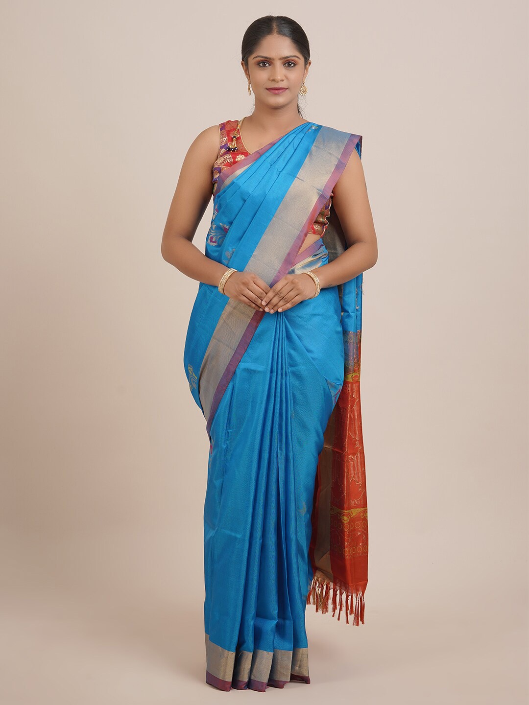 

Pothys Blue & Orange Woven Design Zari Pure Silk Kanjeevaram Saree