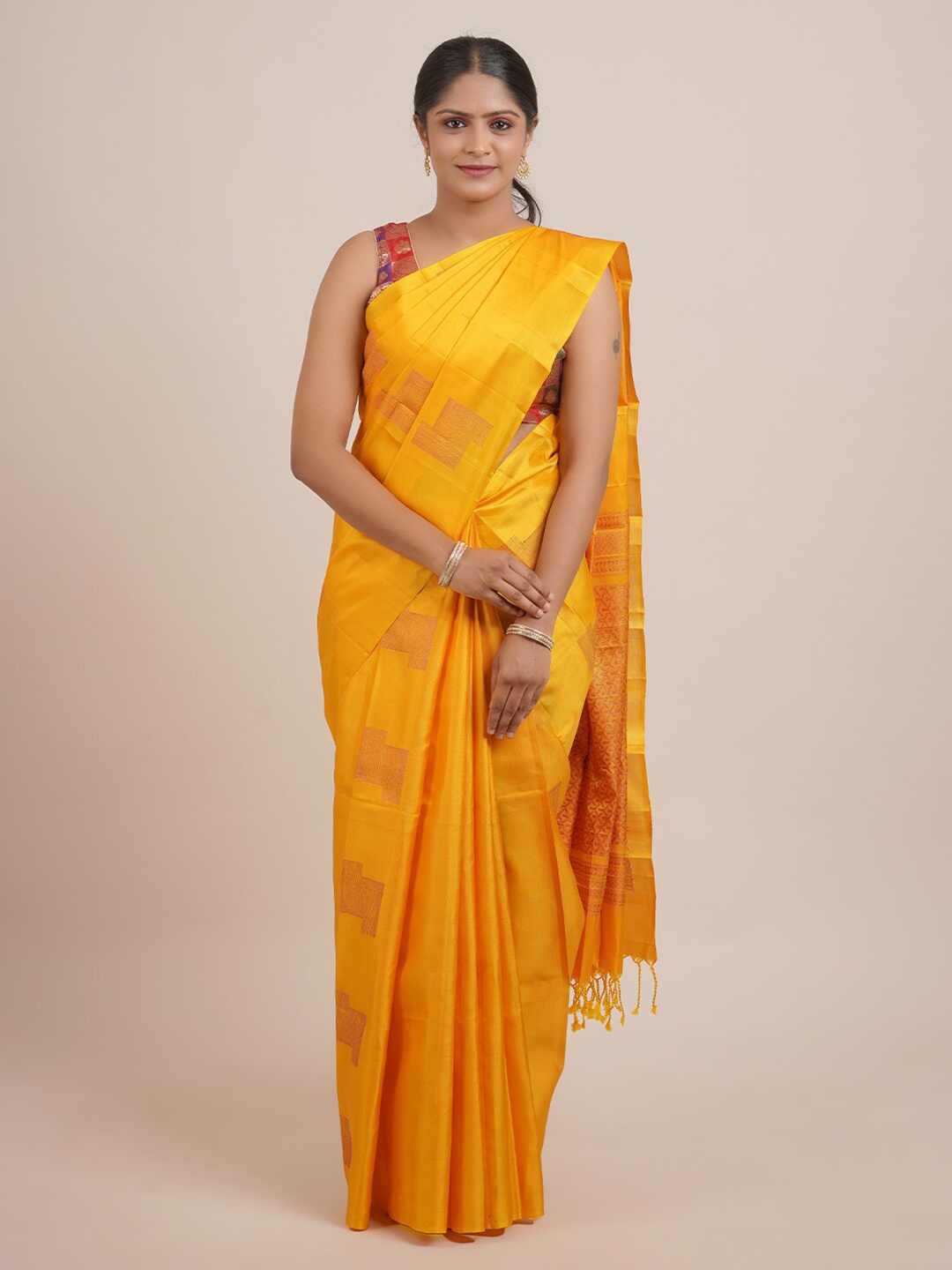 

Pothys Yellow & Orange Zari Pure Silk Kanjeevaram Saree