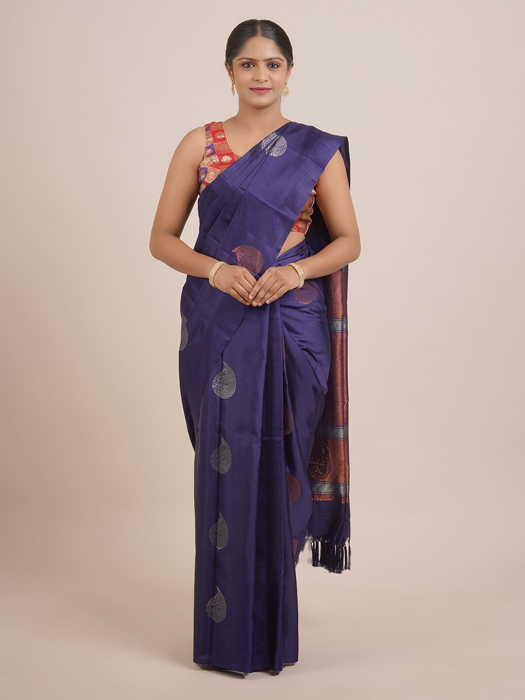 

Pothys Blue & Brown Ethnic Motifs Zari Pure Silk Kanjeevaram Saree