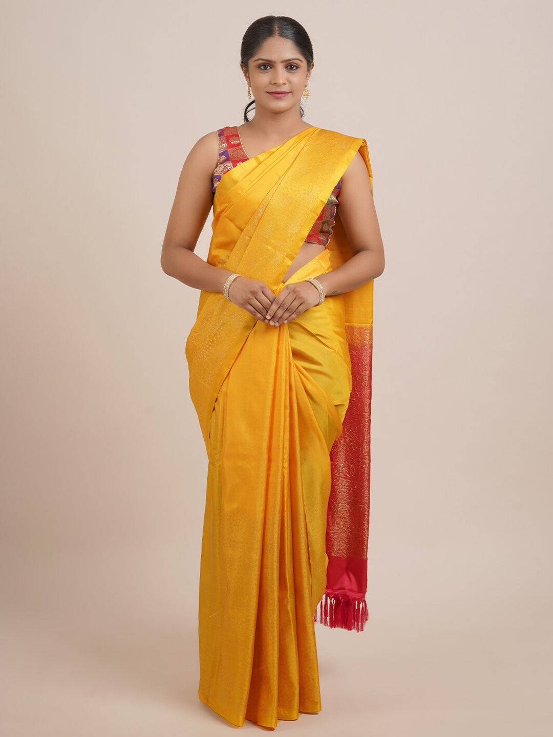 

Pothys Yellow & Red Woven Design Pure Silk Kanjeevaram Saree