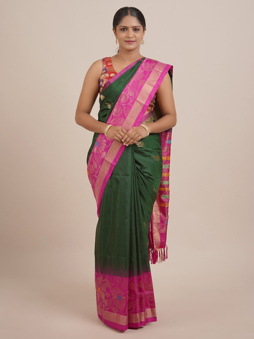 

Pothys Green & Pink Ethnic Motifs Zari Pure Silk Kanjeevaram Saree