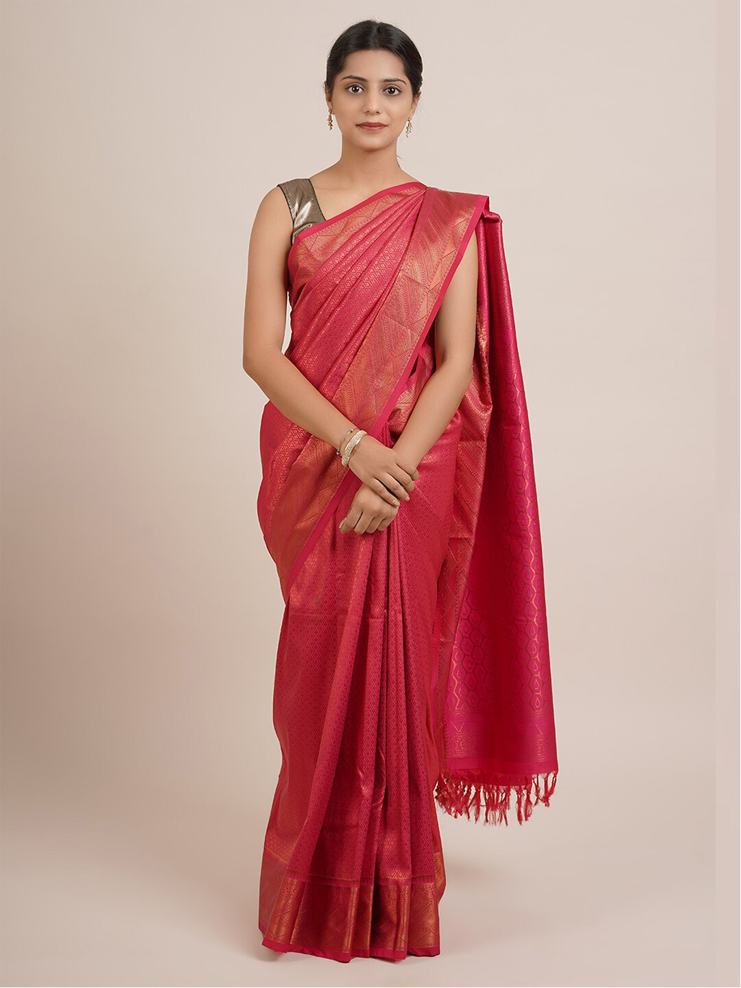 

Pothys Pink & Gold-Toned Ethnic Motifs Zari Pure Silk Saree
