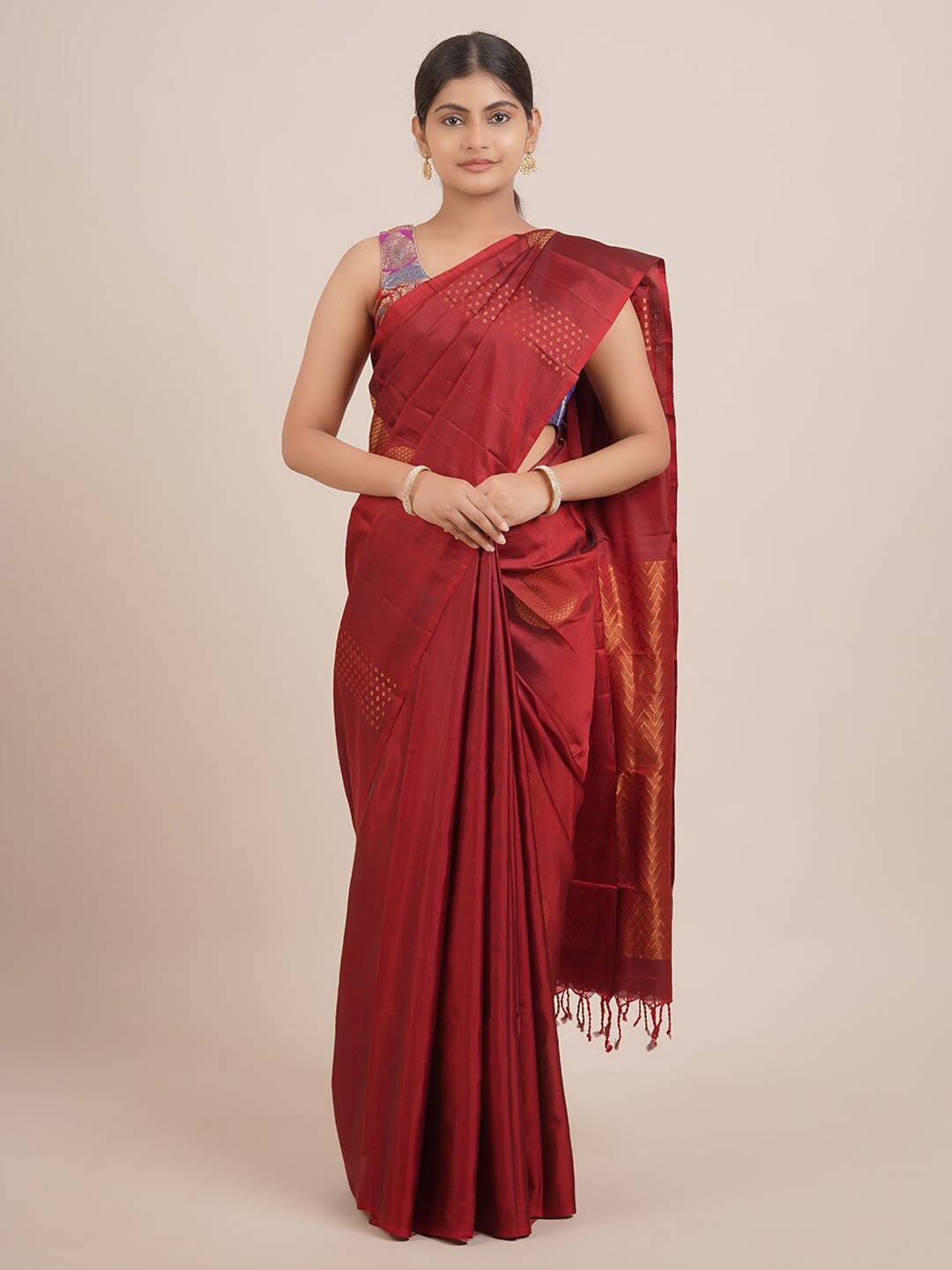 

Pothys Maroon & Copper-Toned Ethnic Motifs Zari Pure Silk Saree