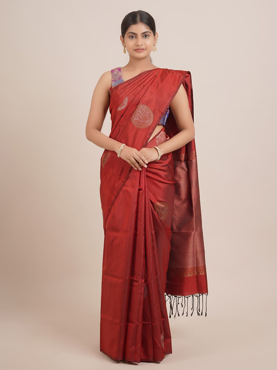 

Pothys Maroon & Gold-Toned Ethnic Motifs Zari Pure Silk Saree