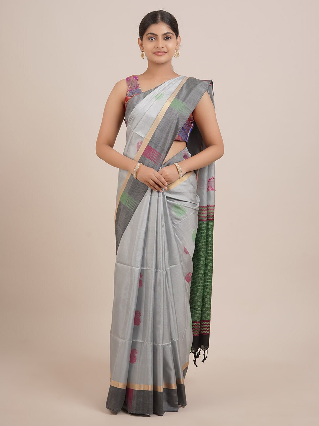

Pothys Grey & Green Woven Design Zari Pure Silk Saree