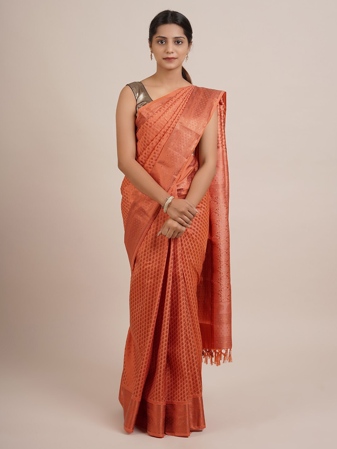 

Pothys Peach-Coloured & Gold-Toned Woven Design Zari Pure Silk Saree