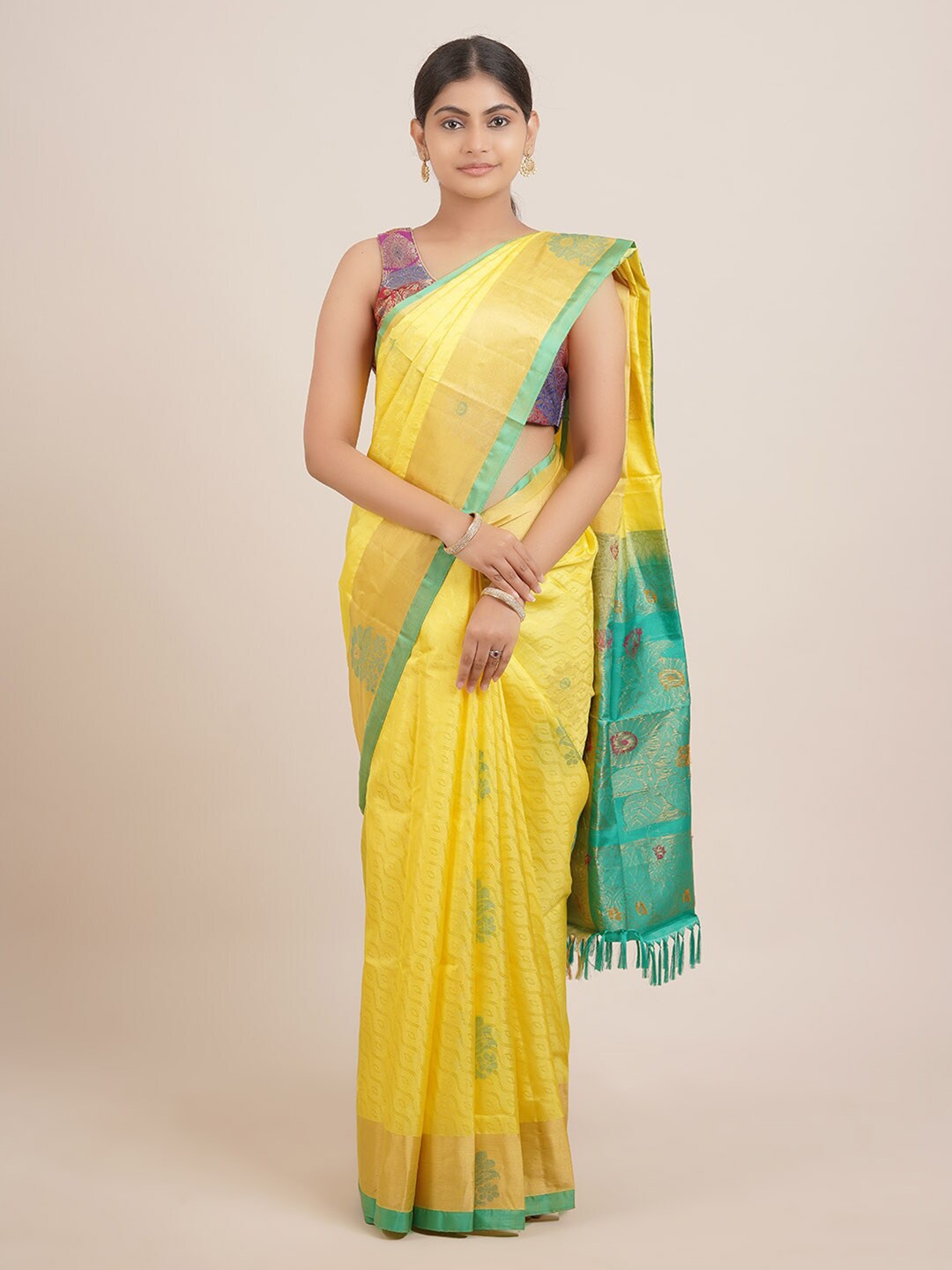 

Pothys Yellow & Green Ethnic Motifs Zari Pure Silk Saree