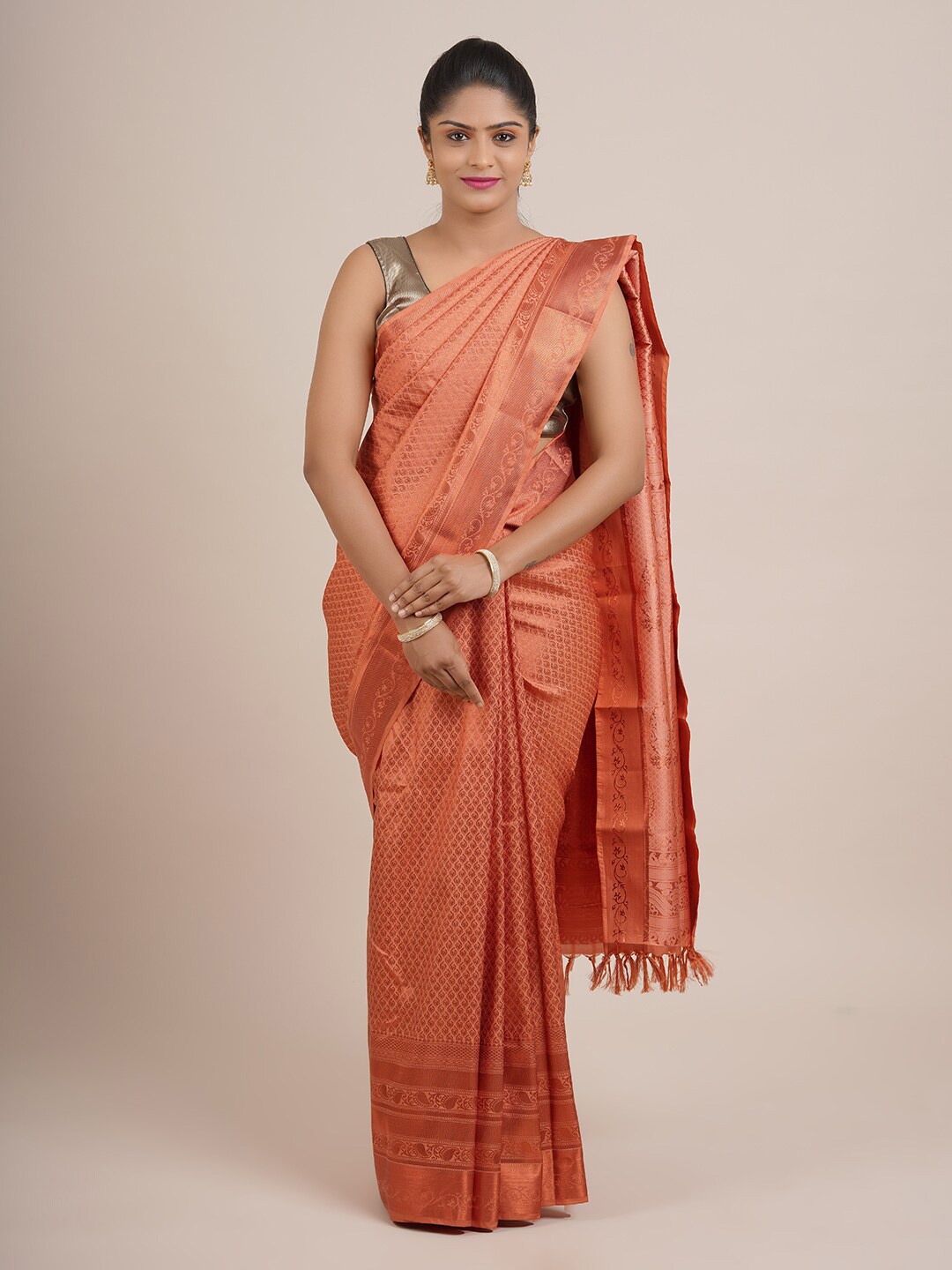 

Pothys Peach-Coloured & Gold-Toned Ethnic Motifs Zari Pure Silk Saree