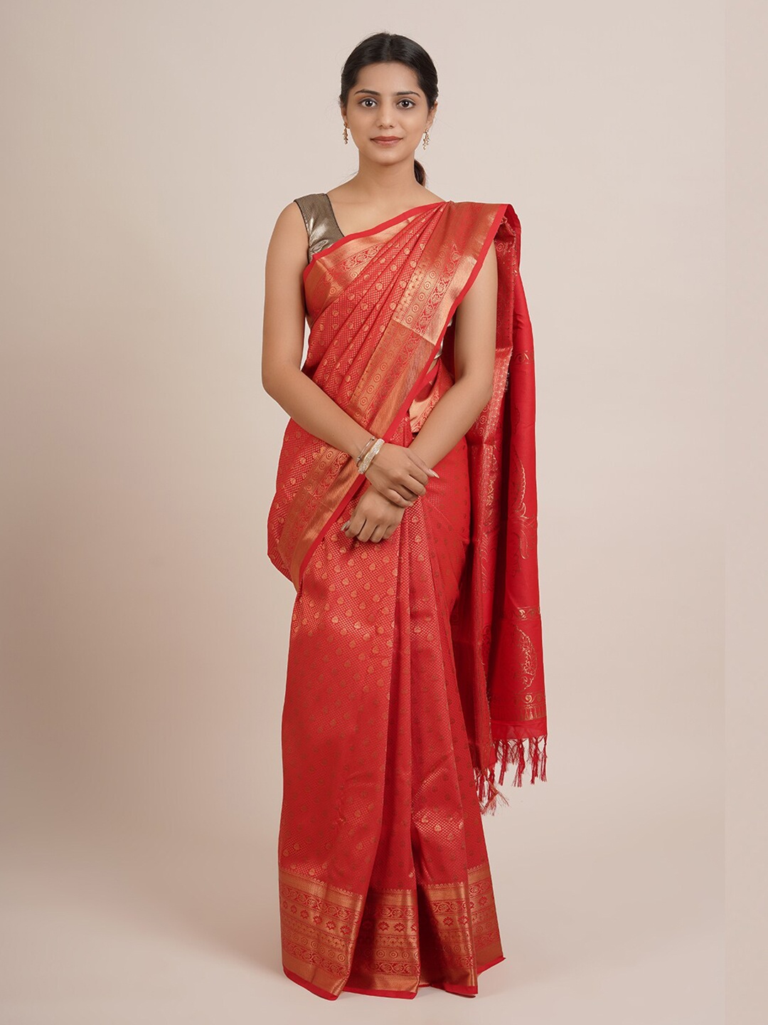 

Pothys Red & Gold-Toned Woven Design Zari Pure Silk Saree