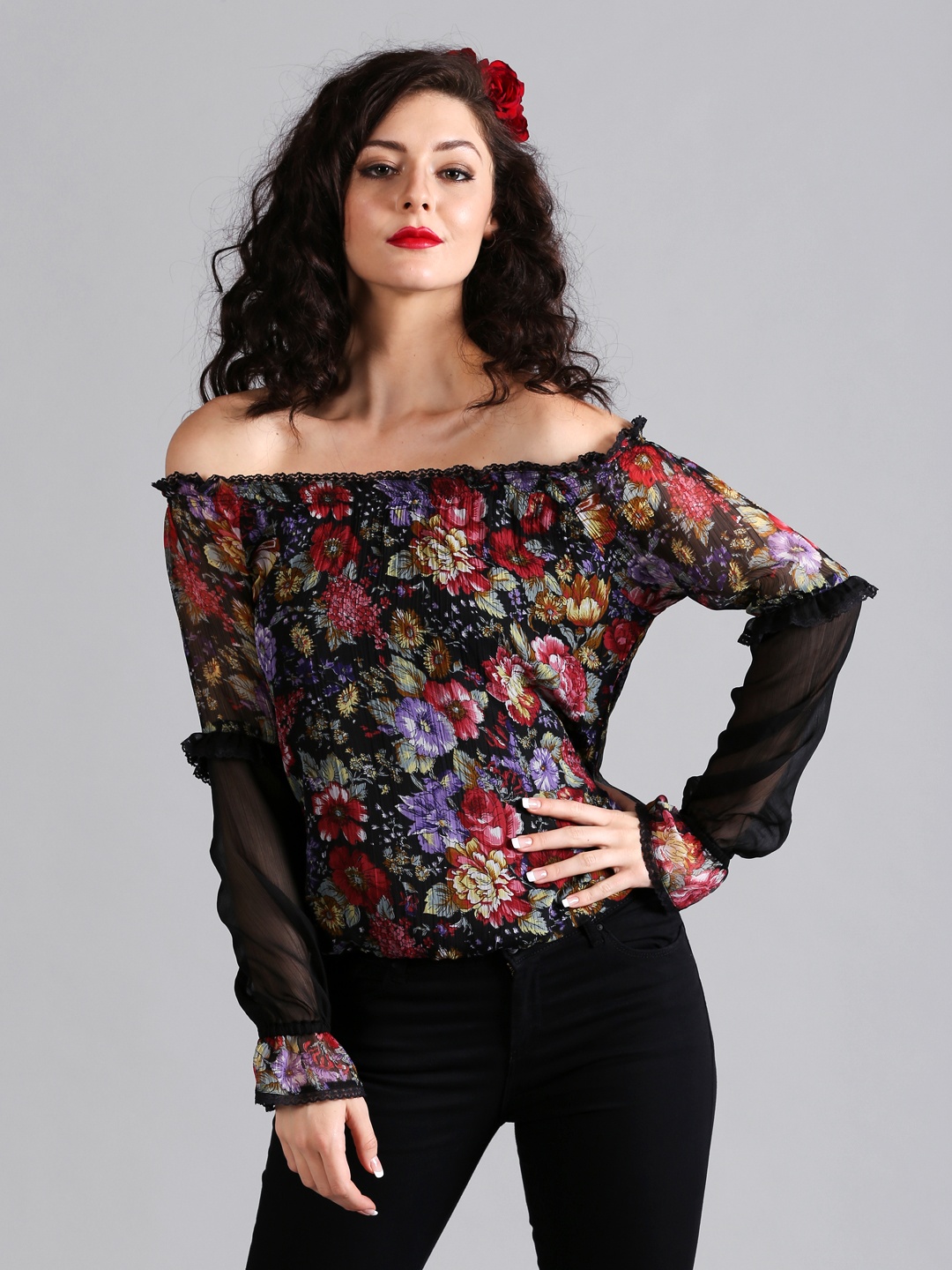 

Noi Women Black Printed Off Shoulder Bardot Top