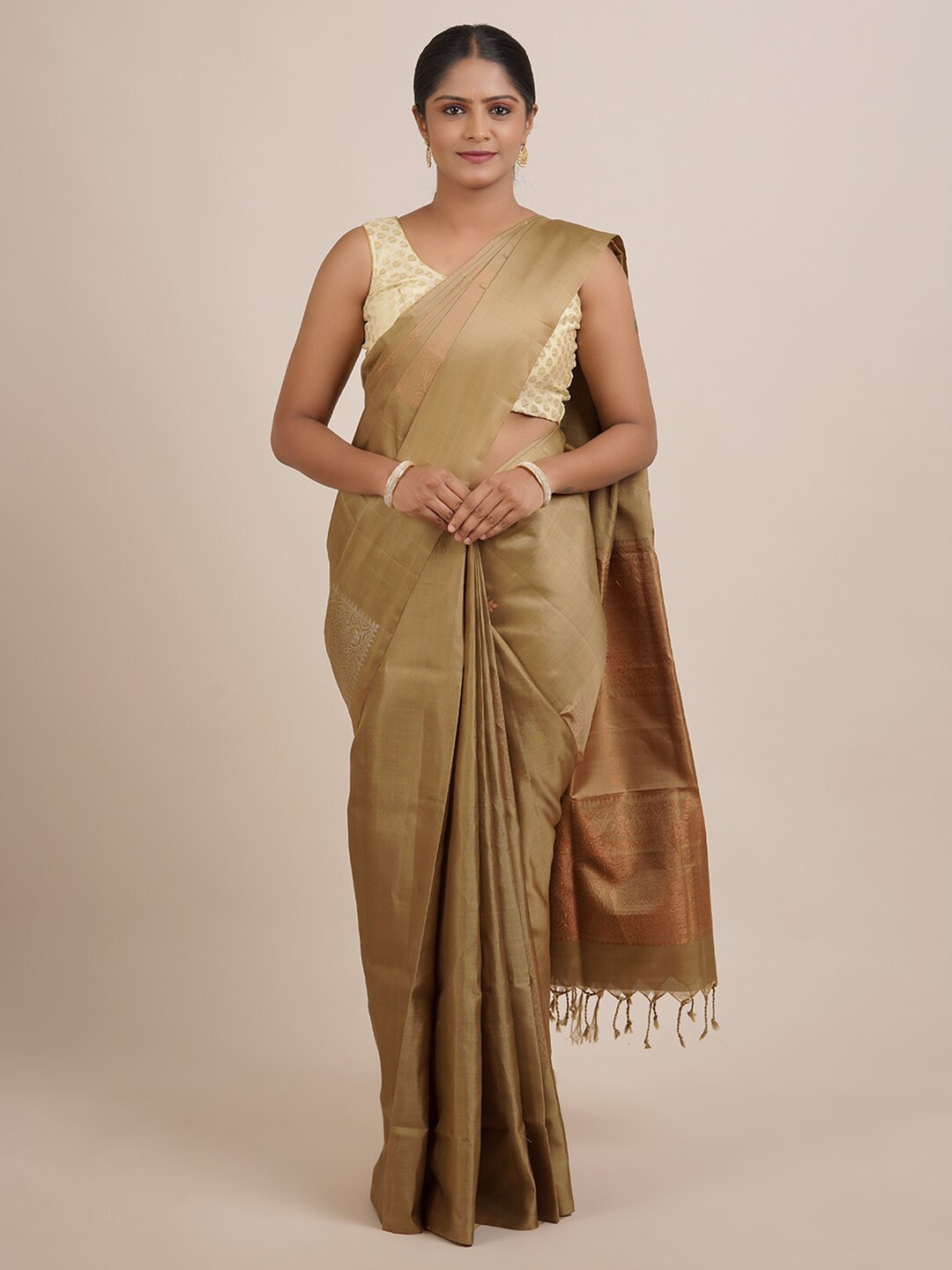 

Pothys Green & Copper-Toned Woven Design Pure Silk Saree