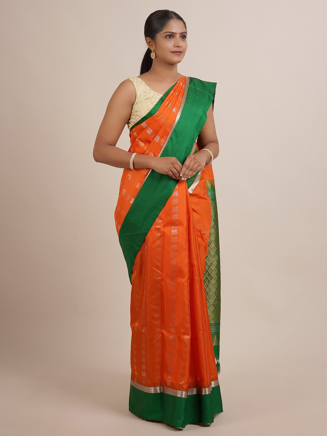 

Pothys Orange & Green Woven Design Pure Silk Saree