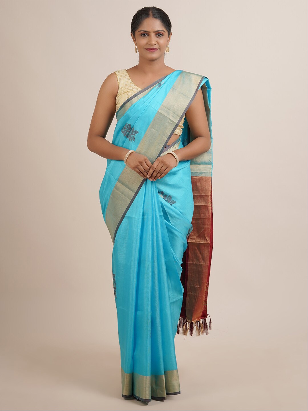 

Pothys Blue & Red Woven Design Zari Pure Silk Saree