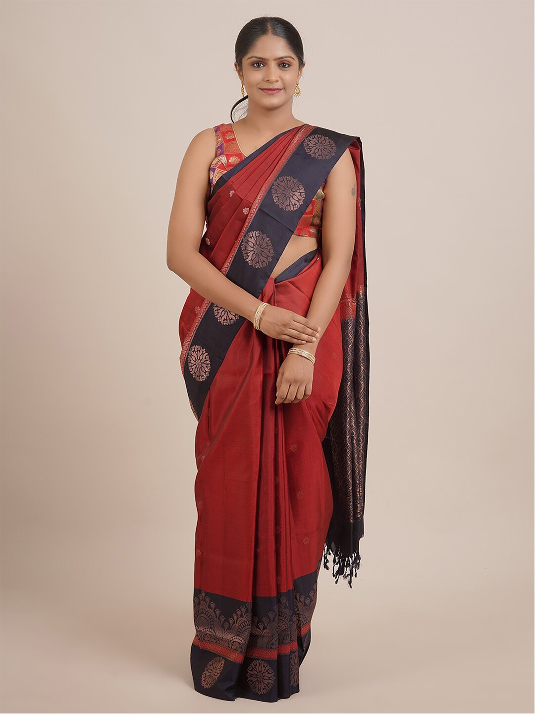 

Pothys Maroon & Copper-Toned Ethnic Motifs Zari Pure Silk Saree