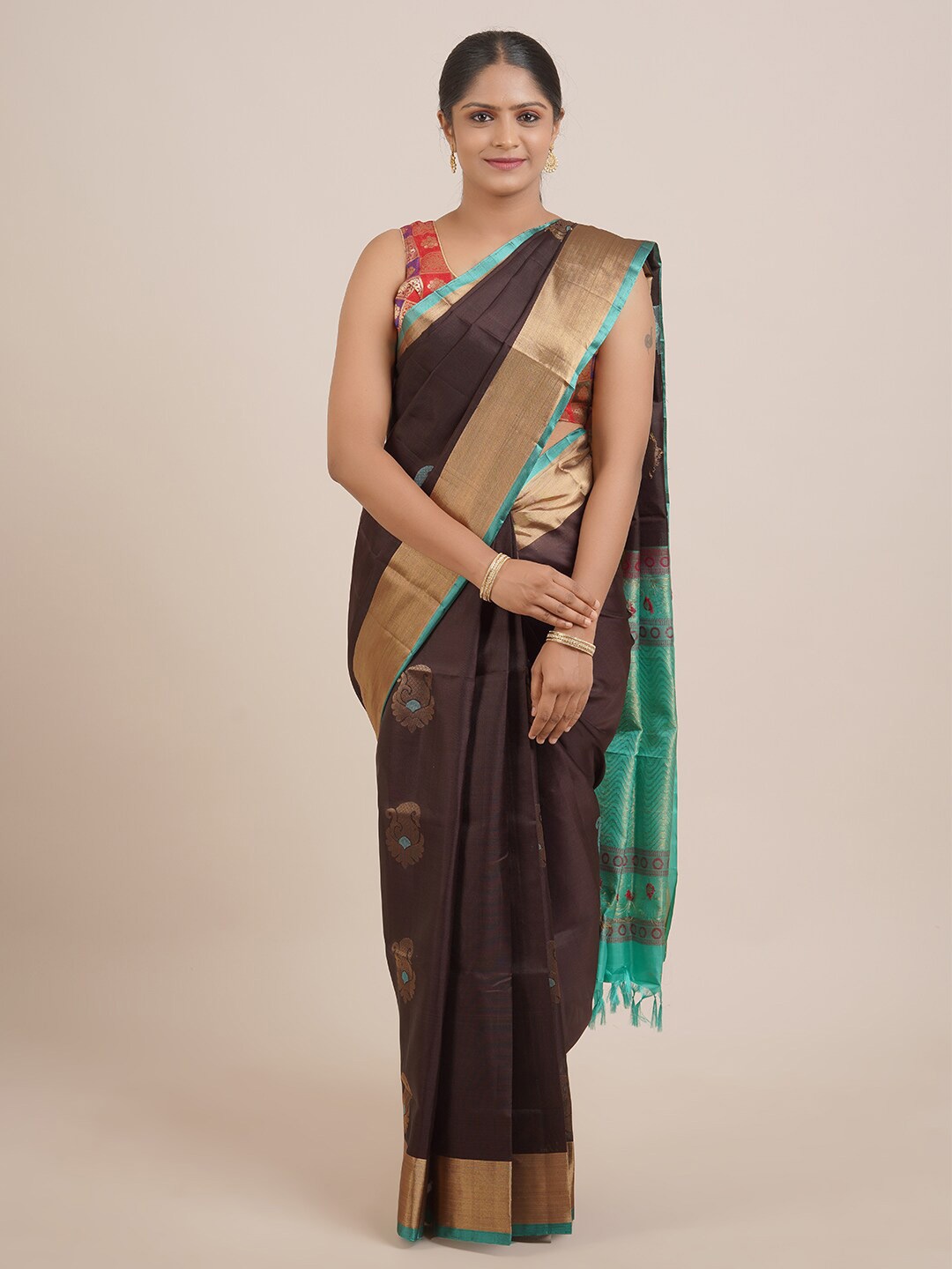 

Pothys Brown & Green Ethnic Motifs Zari Pure Silk Saree