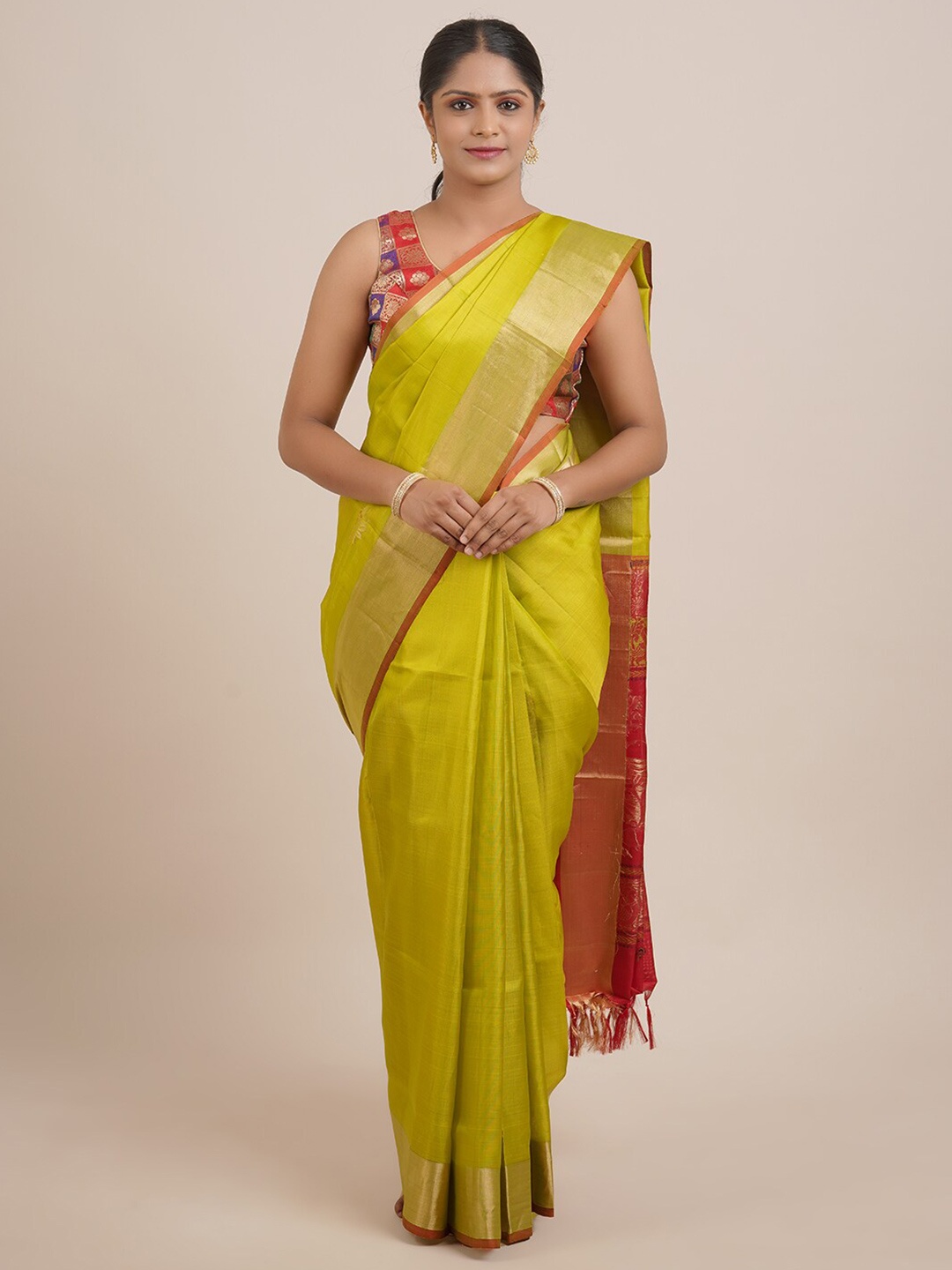 

Pothys Green & Red Ethnic Motifs Zari Pure Silk Saree