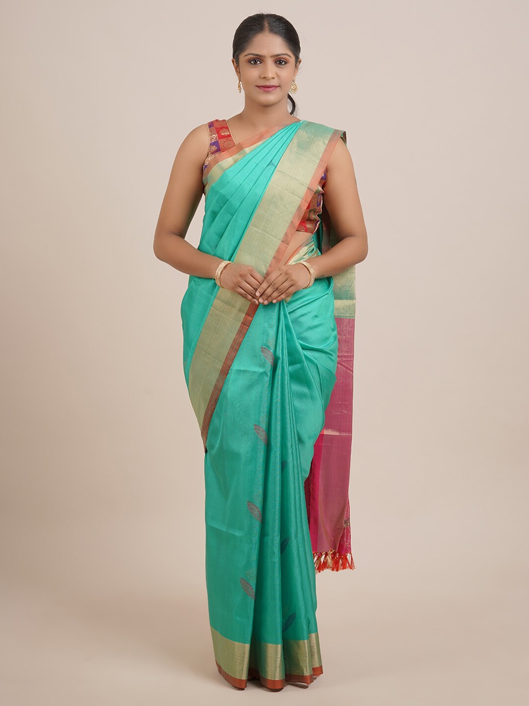 

Pothys Green & Red Floral Pure Silk Kanjeevaram Saree