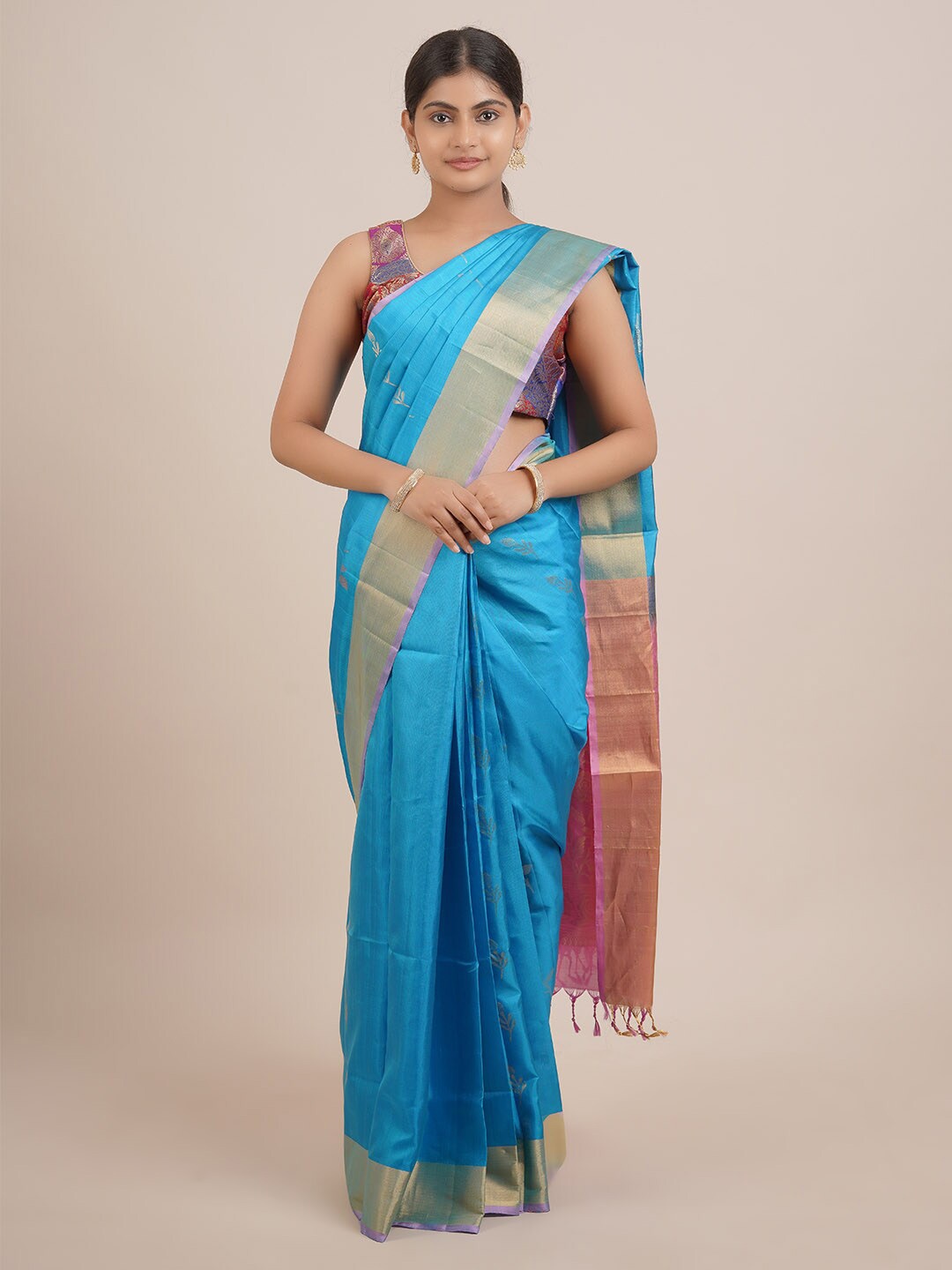 

Pothys Blue & Pink Floral Zari Pure Silk Kanjeevaram Saree