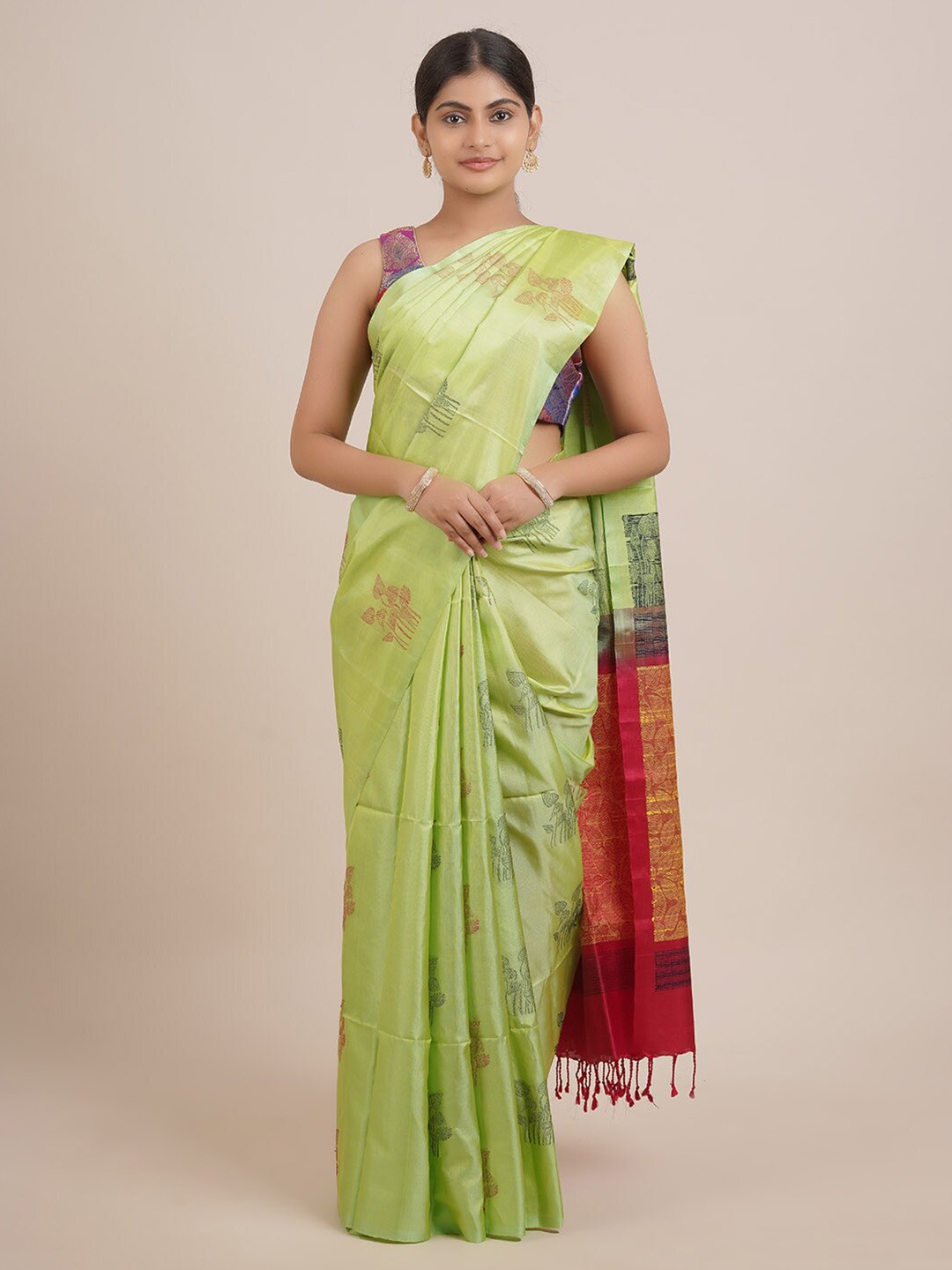 

Pothys Lime Green & Red Floral Pure Silk Kanjeevaram Saree